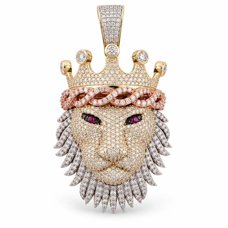 10K diamond lion head pendant on a clean white studio background